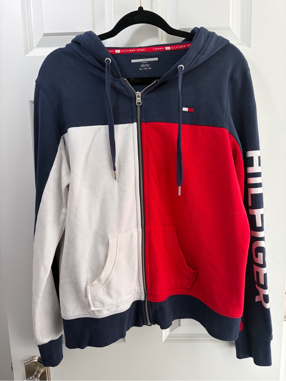 Tommy Hilfiger Sport Navy, Red & White Colorblock Zip Hoodie Women’s XL